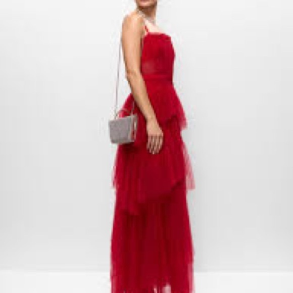 Betsy & Adam Red Ruffled Tiered Gown for Prom - Picture 3 of 8